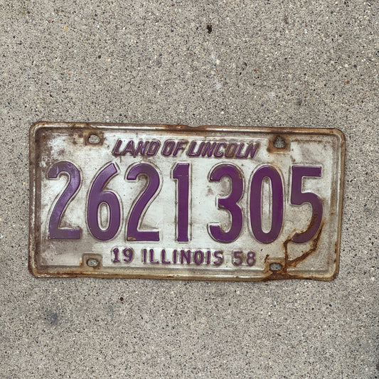 Photo of a 1958 Illinois License Plate Auto Tag Garage Decor Vintage 2 621 305 with original patina