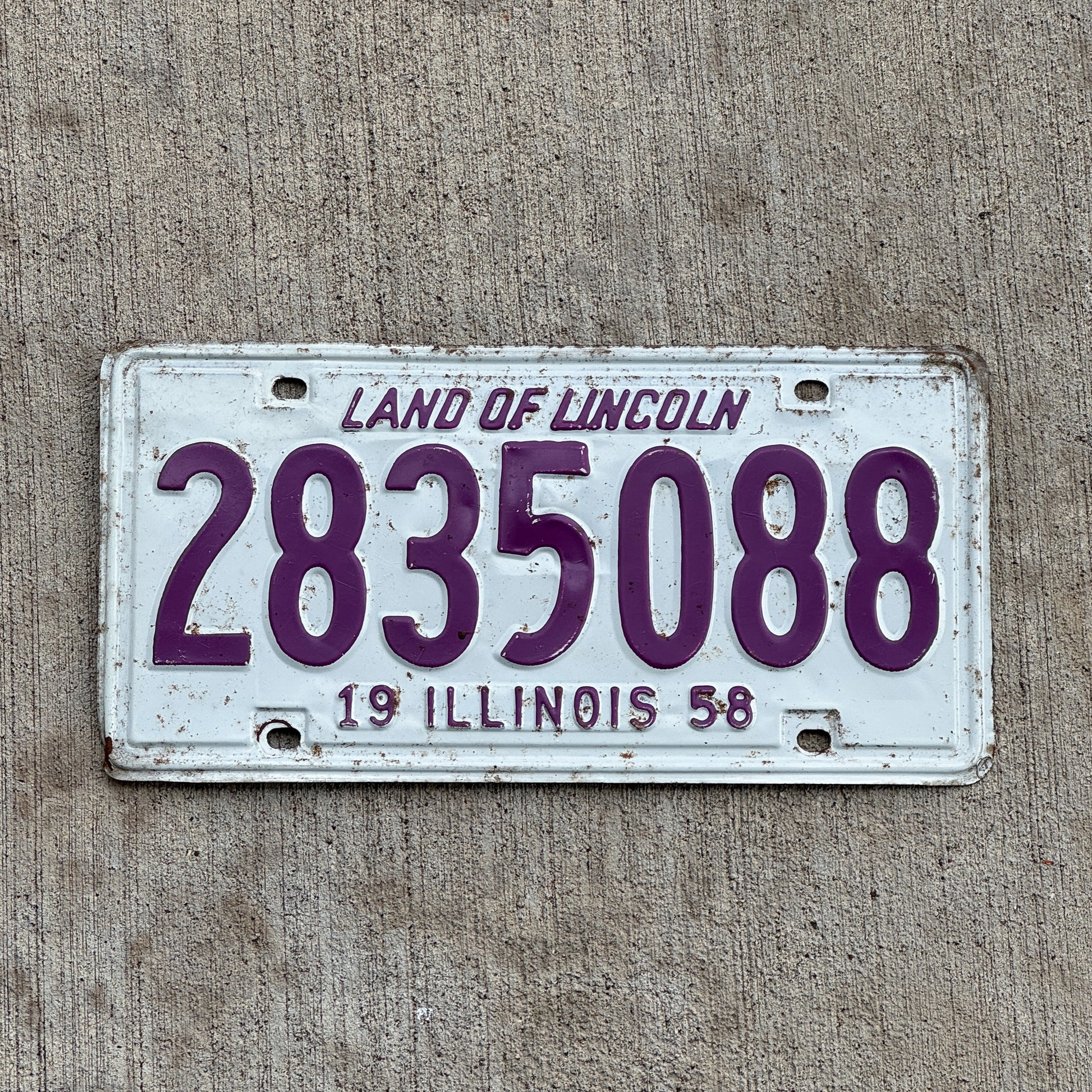 Photo of a 1958 Illinois License Plate Auto Tag Garage Decor Vintage 2 835 088 with original patina