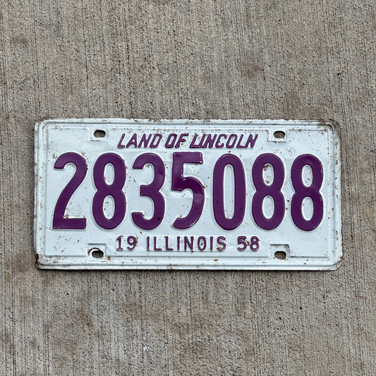 Photo of a 1958 Illinois License Plate Auto Tag Garage Decor Vintage 2 835 088 with original patina