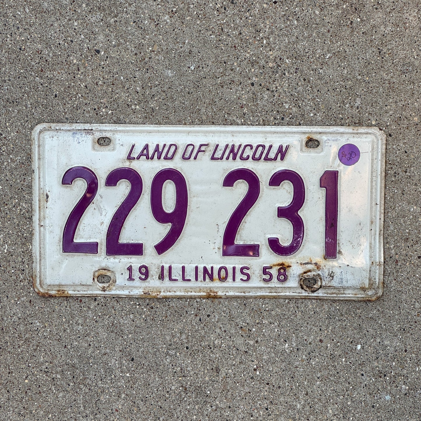 Photo of a 1958 Illinois License Plate Auto Tag Garage Decor Vintage 229 231 with original patina