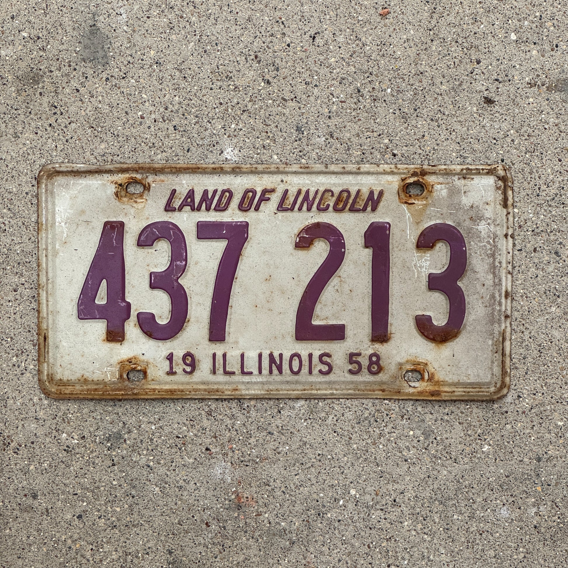 Photo of a 1958 Illinois License Plate Auto Tag Garage Decor Vintage 437 213 with original patina