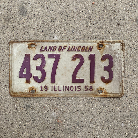 Photo of a 1958 Illinois License Plate Auto Tag Garage Decor Vintage 437 213 with original patina