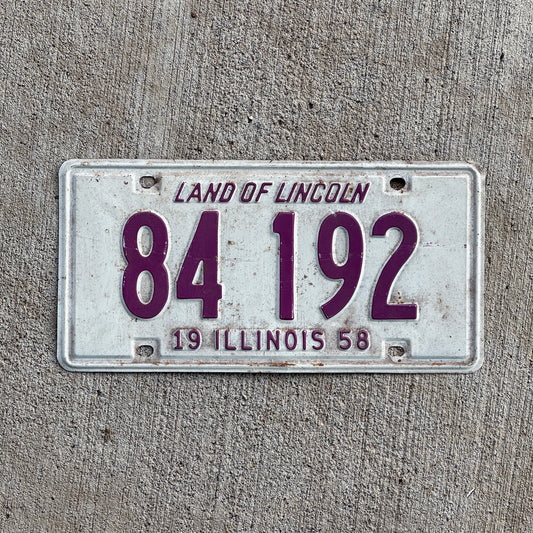 Photo of a 1958 Illinois License Plate Auto Tag Garage Decor Vintage 84 192 with original patina