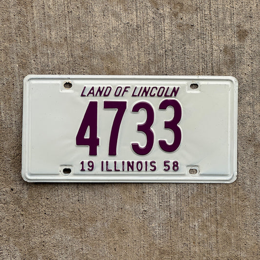 Photo of a 1958 Illinois License Plate Auto Tag Garage Decor Vintage Low Number Four Digit 4733 with original patina
