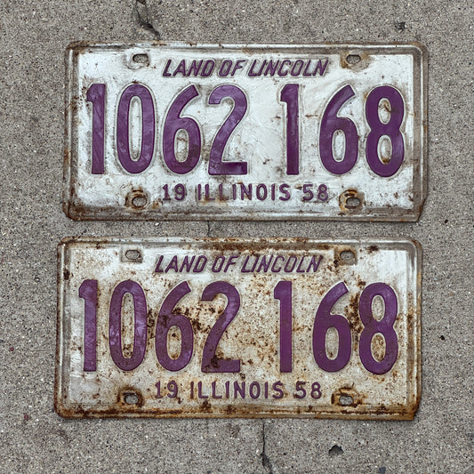 Photo of a 1958 Illinois License Plate Pair Auto Tag Garage Decor Vintage 1 062 168 with original patina