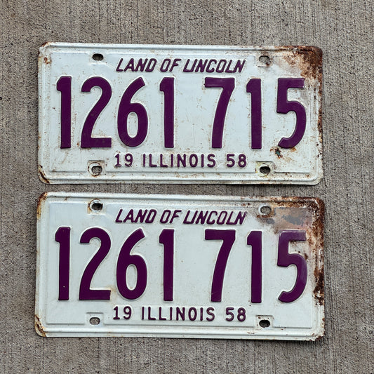 Photo of a 1958 Illinois License Plate Pair Auto Tag Garage Decor Vintage 1 261 715 with original patina
