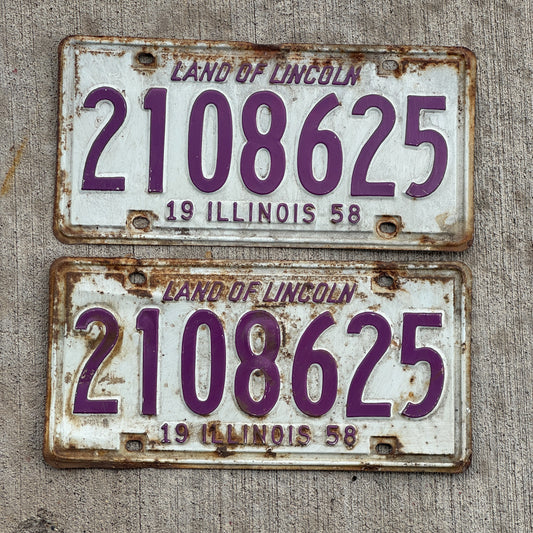 Photo of a 1958 Illinois License Plate Pair Auto Tag Garage Decor Vintage 2 108 625 with original patina