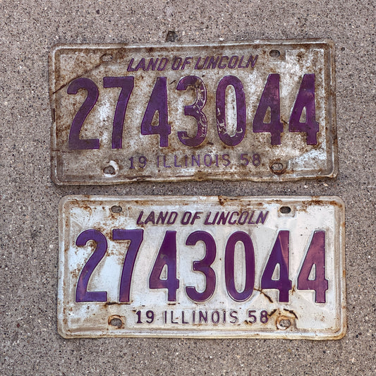 Photo of a 1958 Illinois License Plate Pair Auto Tag Garage Decor Vintage 2 743 044 with original patina