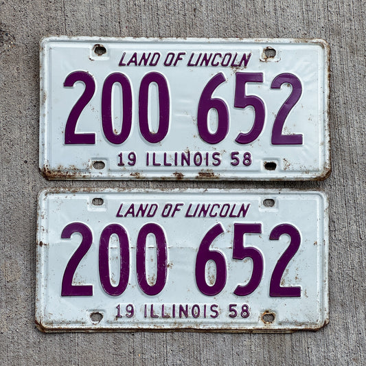 Photo of a 1958 Illinois License Plate Pair Auto Tag Garage Decor Vintage 200 652 with original patina