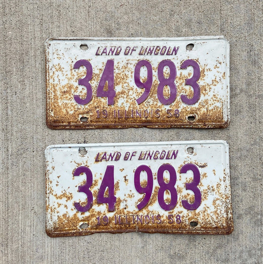 Photo of a 1958 Illinois License Plate Pair Auto Tag Garage Decor Vintage 34983 with original patina