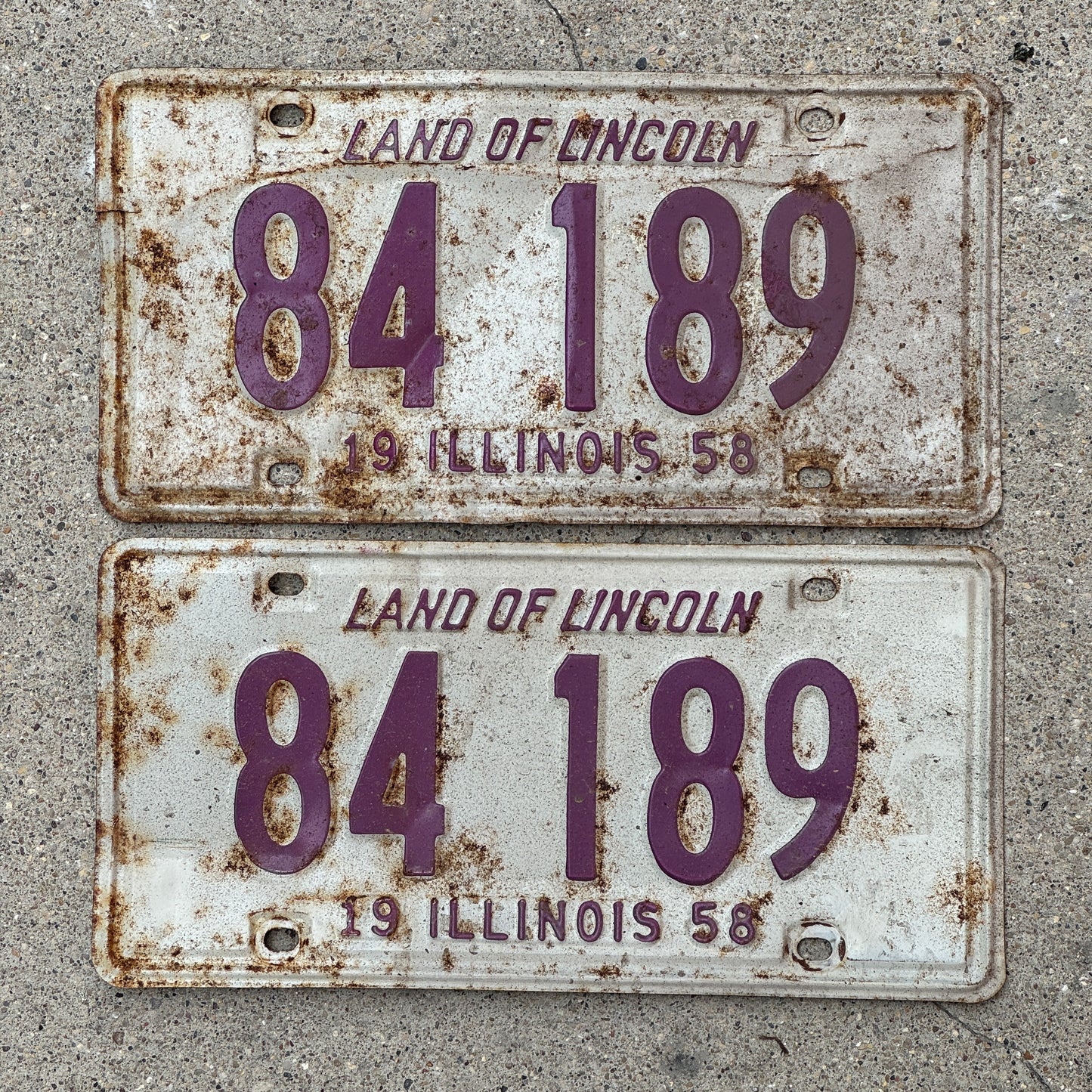 Photo of a 1958 Illinois License Plate Pair Auto Tag Garage Decor Vintage 84 189 with original patina