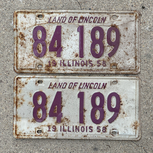 Photo of a 1958 Illinois License Plate Pair Auto Tag Garage Decor Vintage 84 189 with original patina
