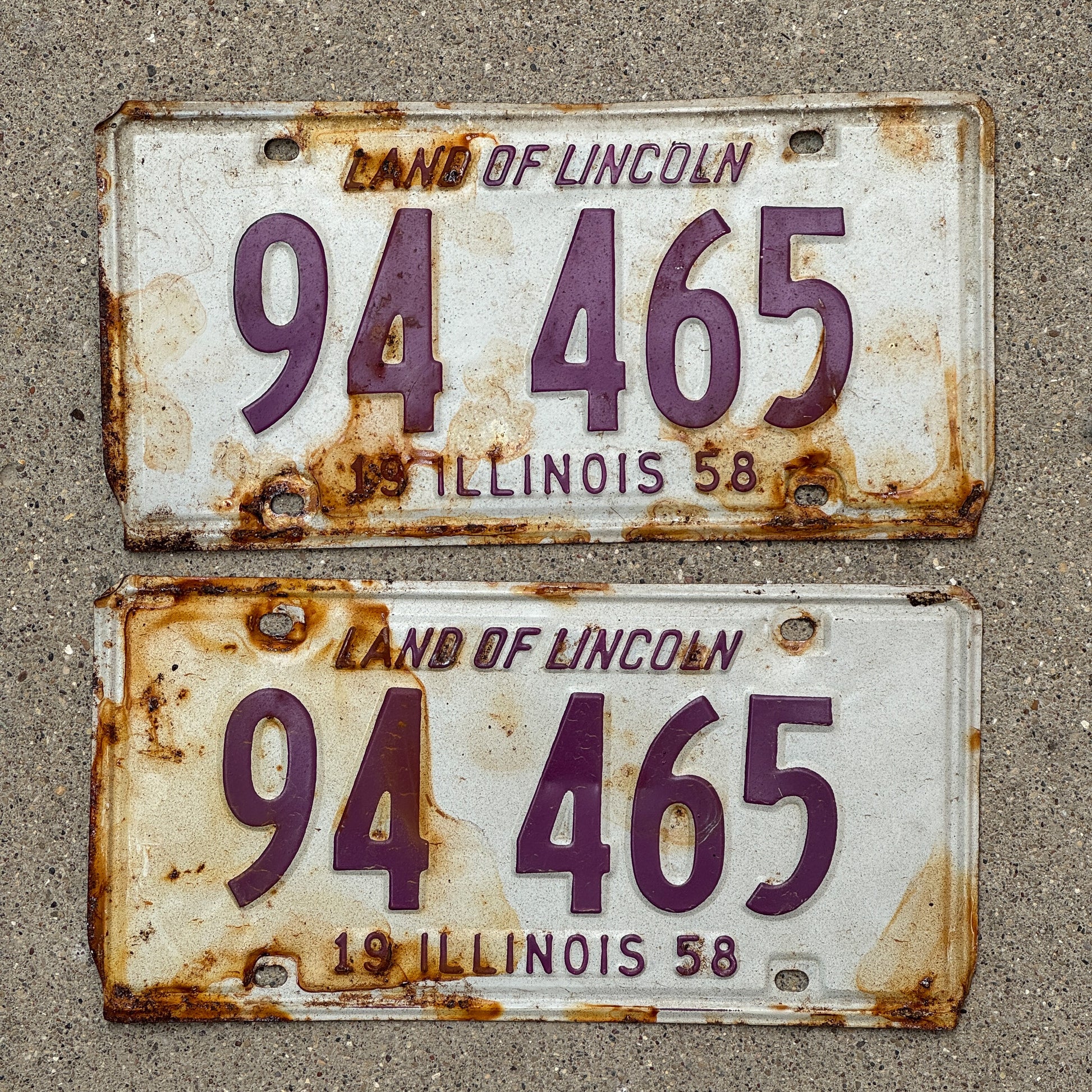 Photo of a 1958 Illinois License Plate Pair Auto Tag Garage Decor Vintage 94 465 with original patina
