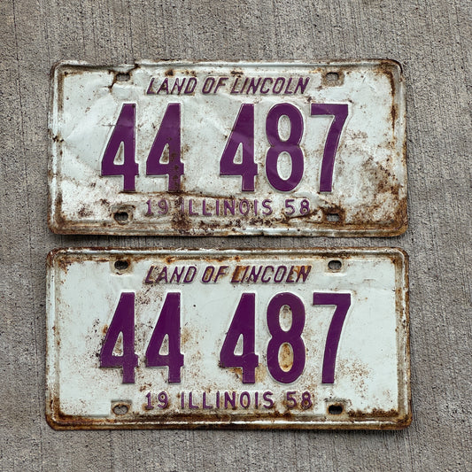 Photo of a 1958 Illinois License Plate Pair Auto Tag Garage Decor Vintage Repeat Repeating 44 487 with original patina