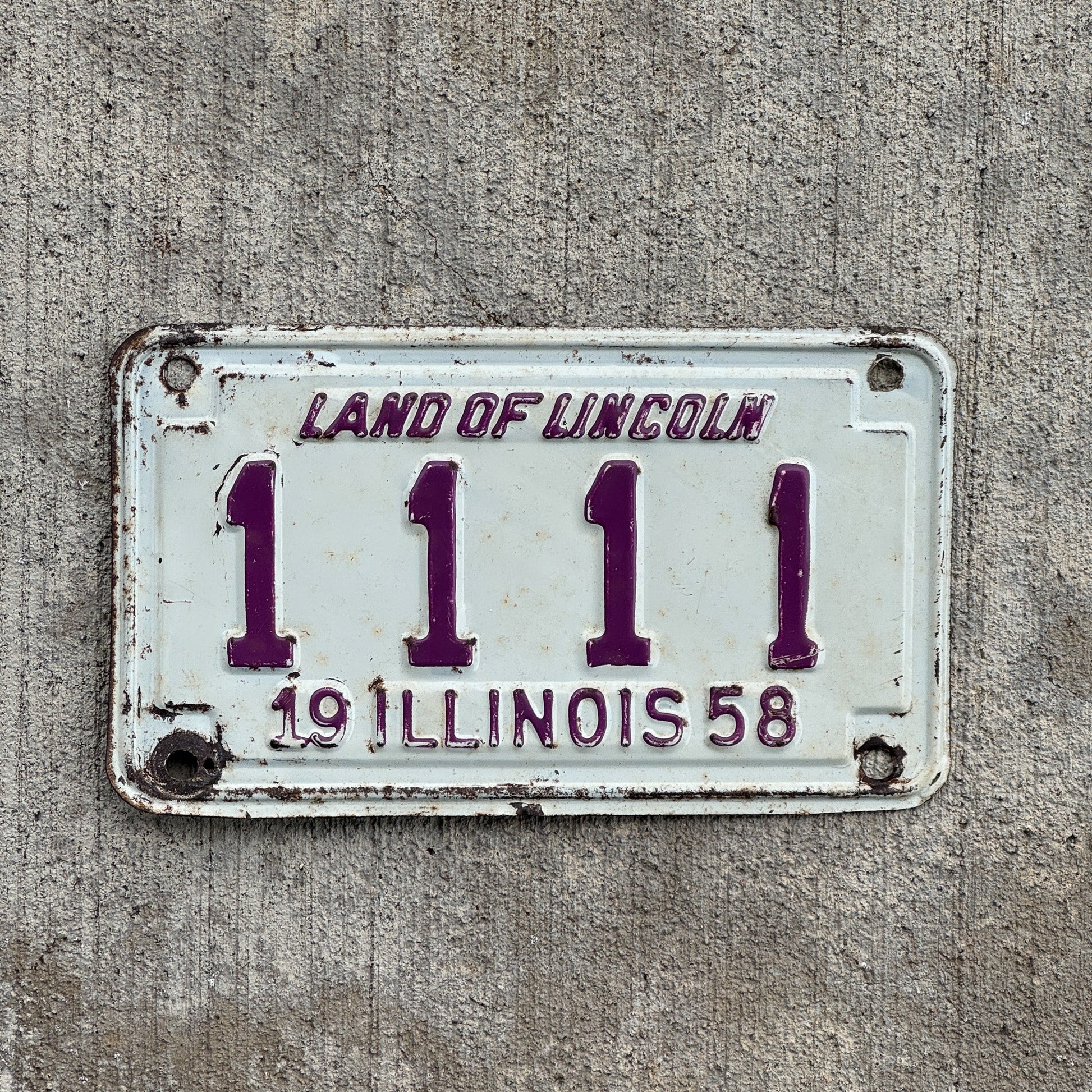 Photo of a 1958 Illinois Motorcycle License Plate Auto Tag 1 Garage Decor Repeat Repeating 1111 with original patina