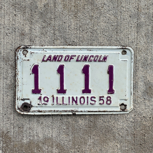 Photo of a 1958 Illinois Motorcycle License Plate Auto Tag 1 Garage Decor Repeat Repeating 1111 with original patina