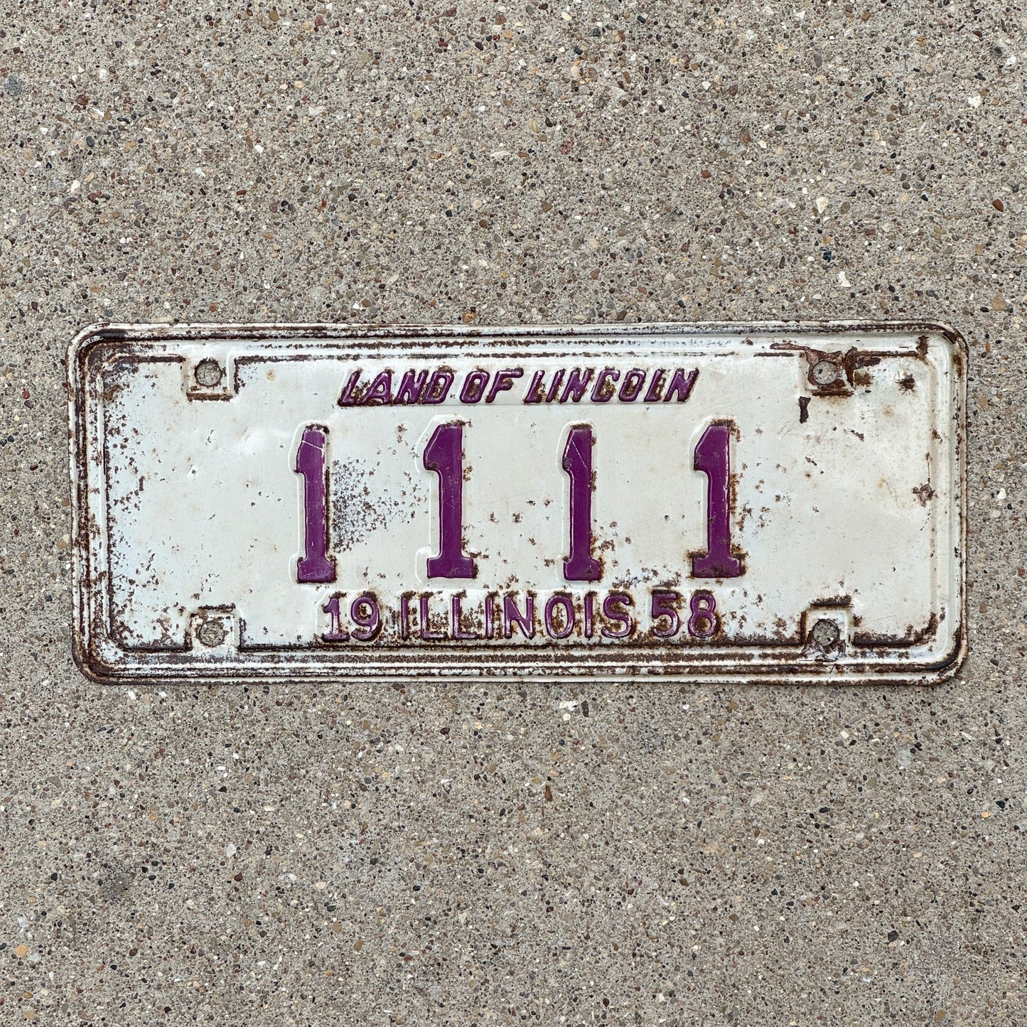 Photo of a 1958 Illinois Motorcycle License Plate Auto Tag 2 Garage Decor ALPCA Archive Example Recalled Plate Repeat Repeating 1111 with original patina