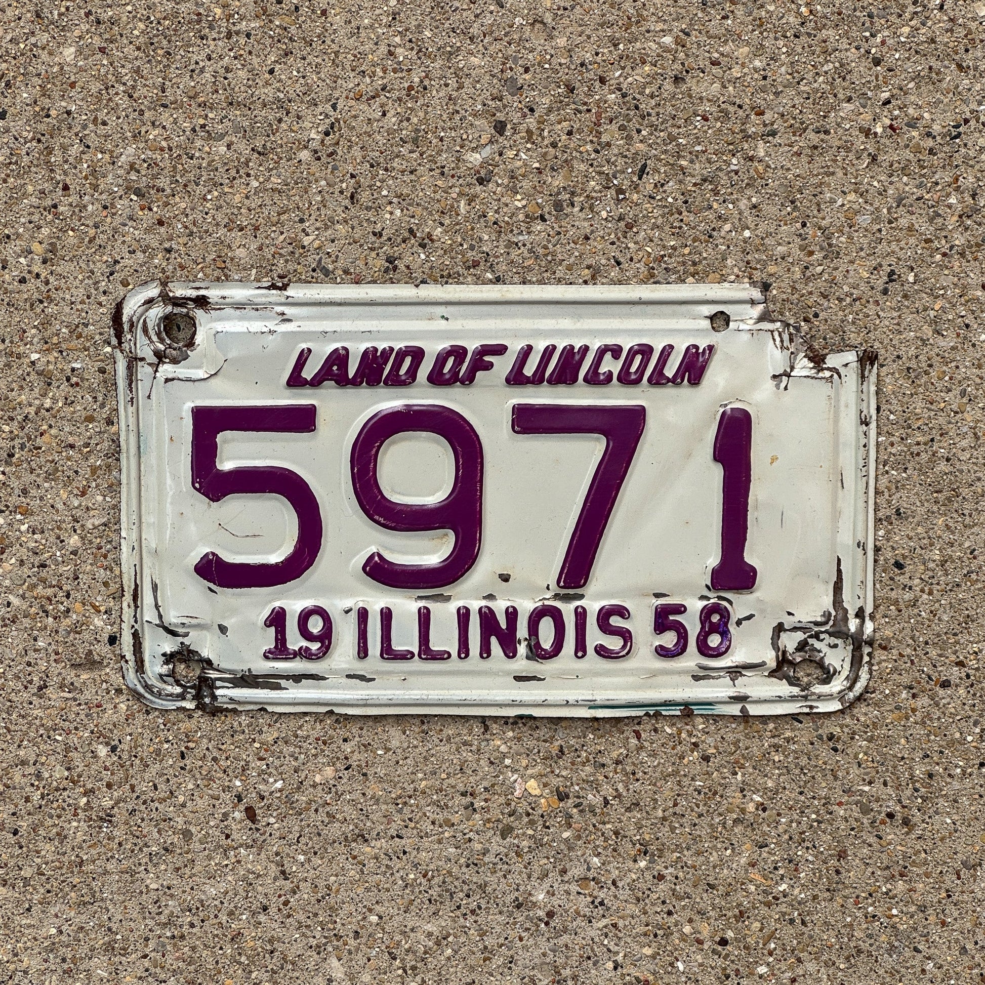 Photo of a 1958 Illinois Motorcycle License Plate Auto Tag Garage Decor Vintage Low Number Four Digit 5971