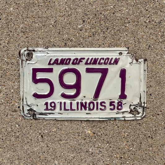 Photo of a 1958 Illinois Motorcycle License Plate Auto Tag Garage Decor Vintage Low Number Four Digit 5971