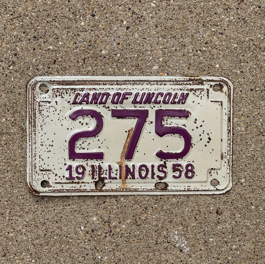 Photo of a 1958 Illinois Motorcycle License Plate Auto Tag Garage Decor Vintage Low Number Three Digit 275 with original patina