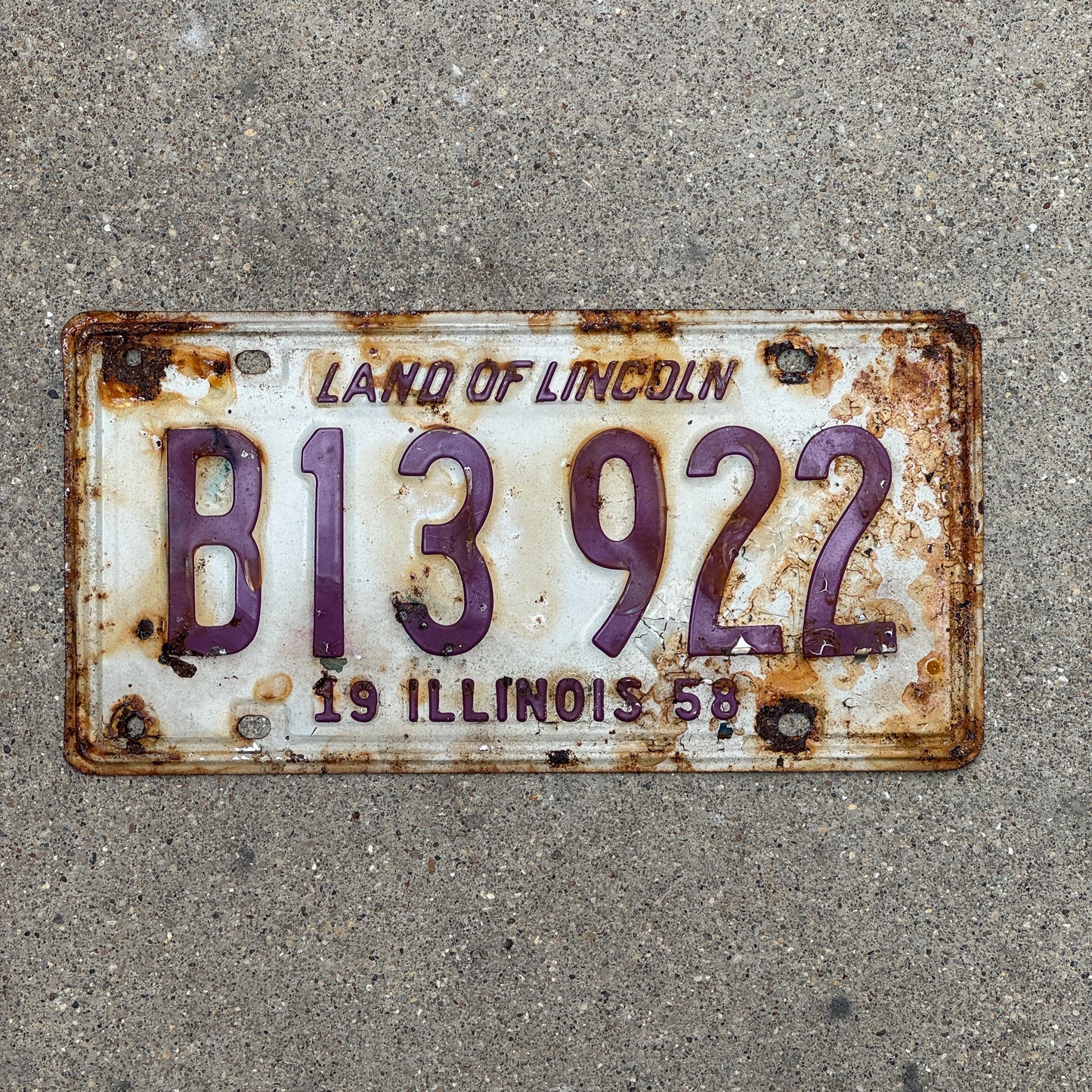 Photo of a 1958 Illinois Truck License Plate Auto Tag Garage Decor Vintage B 13 922 with original patina
