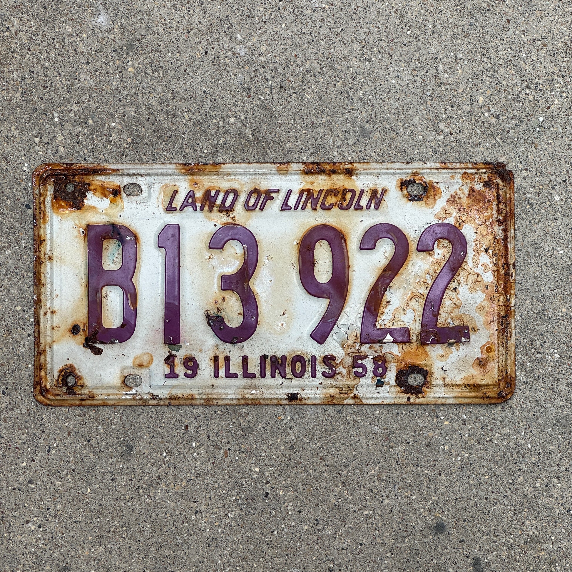 Photo of a 1958 Illinois Truck License Plate Auto Tag Garage Decor Vintage B 13 922 with original patina