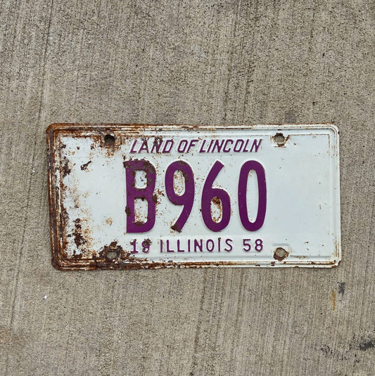 Photo of a 1958 Illinois Truck License Plate Auto Tag Garage Decor Vintage B 960 with original patina