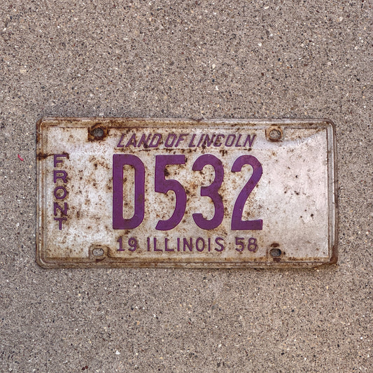Photo of a 1958 Illinois Truck License Plate Auto Tag Garage Decor Vintage Front Plate D 532 with original patina