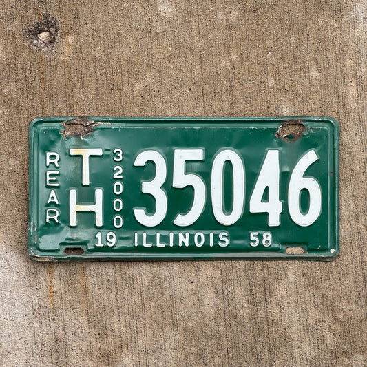 Photo of a 1958 Illinois Truck Mileage Tax License Plate Auto Tag Garage Decor Vintage TH 35046 with original patina