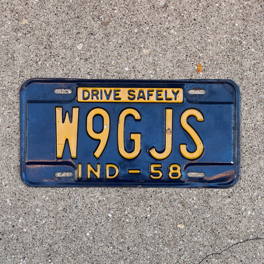 Photo of a 1958 Indiana Ham Radio License Plate Auto Tag Garage Decor Vintage W9 GJS with original patina