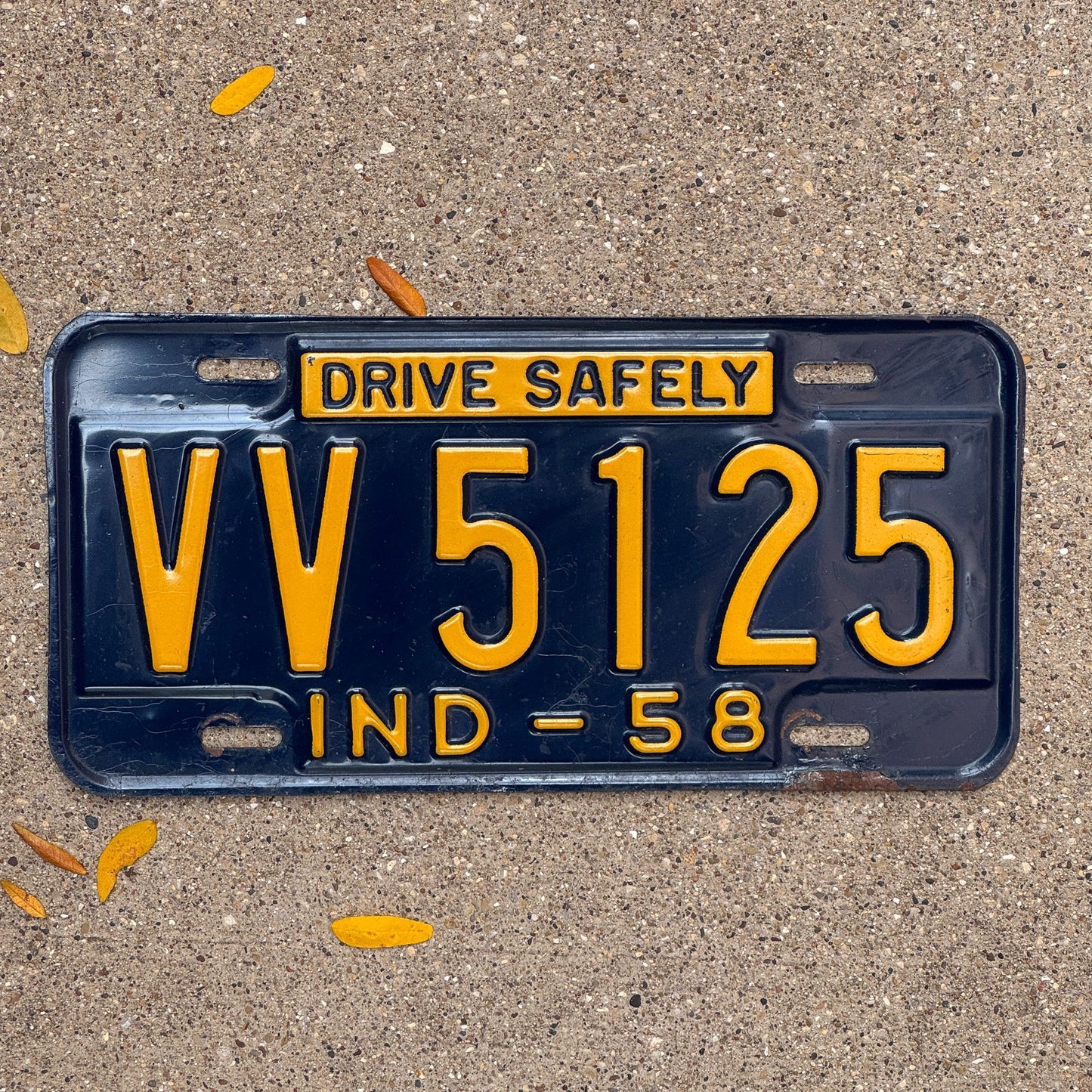 Photo of a 1958 Indiana License Plate Auto Tag Garage Decor Vintage VV 5125 with original patina
