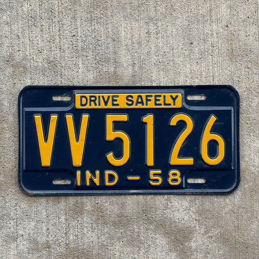 Photo of a 1958 Indiana License Plate Auto Tag Garage Decor Vintage VV 5126 with original patina