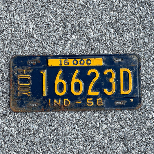 Photo of a 1958 Indiana Truck License Plate Auto Tag Garage Decor Vintage 16623D