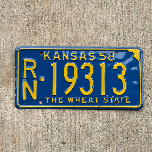 Photo of a 1958 Kansas License Plate Auto Tag Garage Decor Vintage RN 19313 with original patina