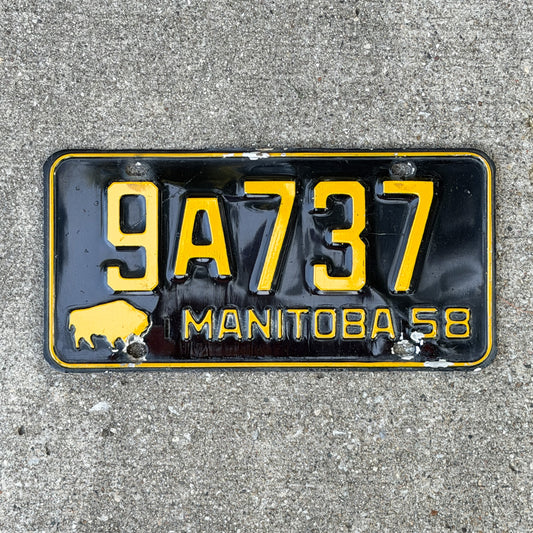 Photo of a 1958 Manitoba License Plate Auto Tag Garage Decor Vintage Buffalo Bison 9 A 737 with original patina