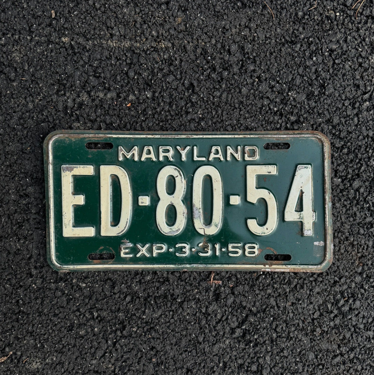 Photo of a 1958 Maryland License Plate Auto Tag Garage Decor Vintage Green Edward Eddy ED 8054