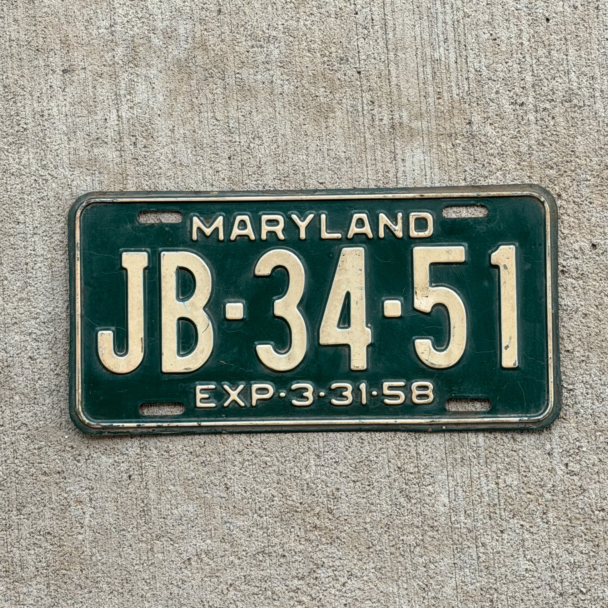 Photo of a 1958 Maryland License Plate Auto Tag Garage Decor Vintage JB 3451 with original patina
