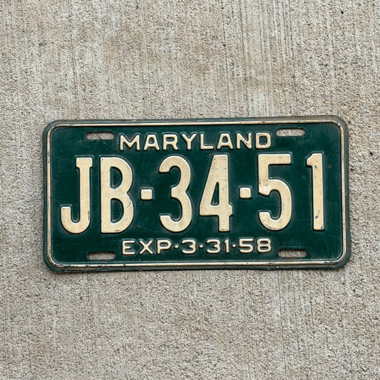 Photo of a 1958 Maryland License Plate Auto Tag Garage Decor Vintage JB 3451 with original patina