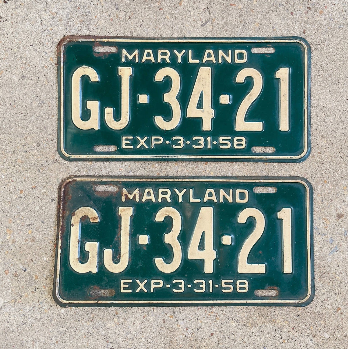 1958 Maryland License Plate Pair Auto Tag GJ 3421