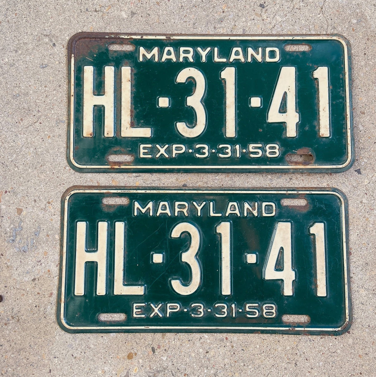 1958 Maryland License Plate Pair Auto Tag HL 3141