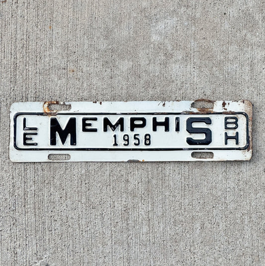 Photo of a 1958 Memphis Tennessee License Plate Topper Auto Tag Garage Decor Vintage TN Le Bonheur Children's Hospital with original patina
