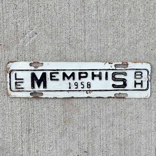 Photo of a 1958 Memphis Tennessee License Plate Topper Auto Tag Garage Decor Vintage TN Le Bonheur Children's Hospital with original patina