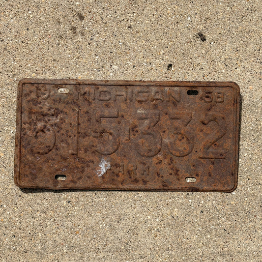 Photo of a 1958 Michigan Farm License Plate Auto Tag Garage Decor Vintage 515 332 with original patina