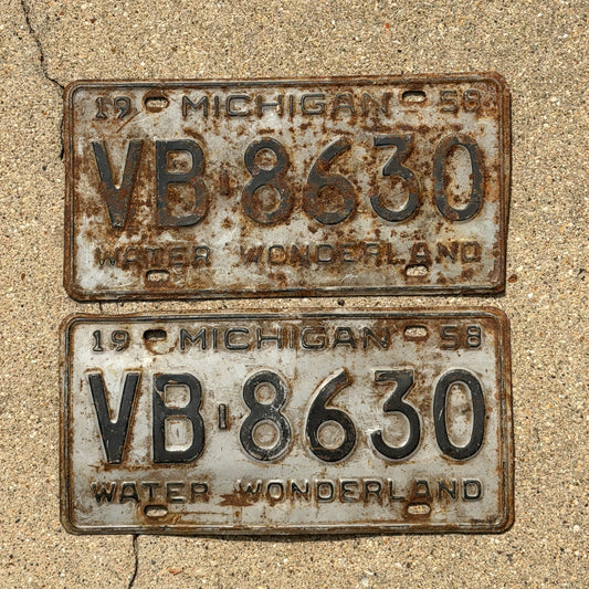 Photo of a 1958 Michigan License Plate Pair Auto Tag Garage Decor Vintage VB 8630 with original patina