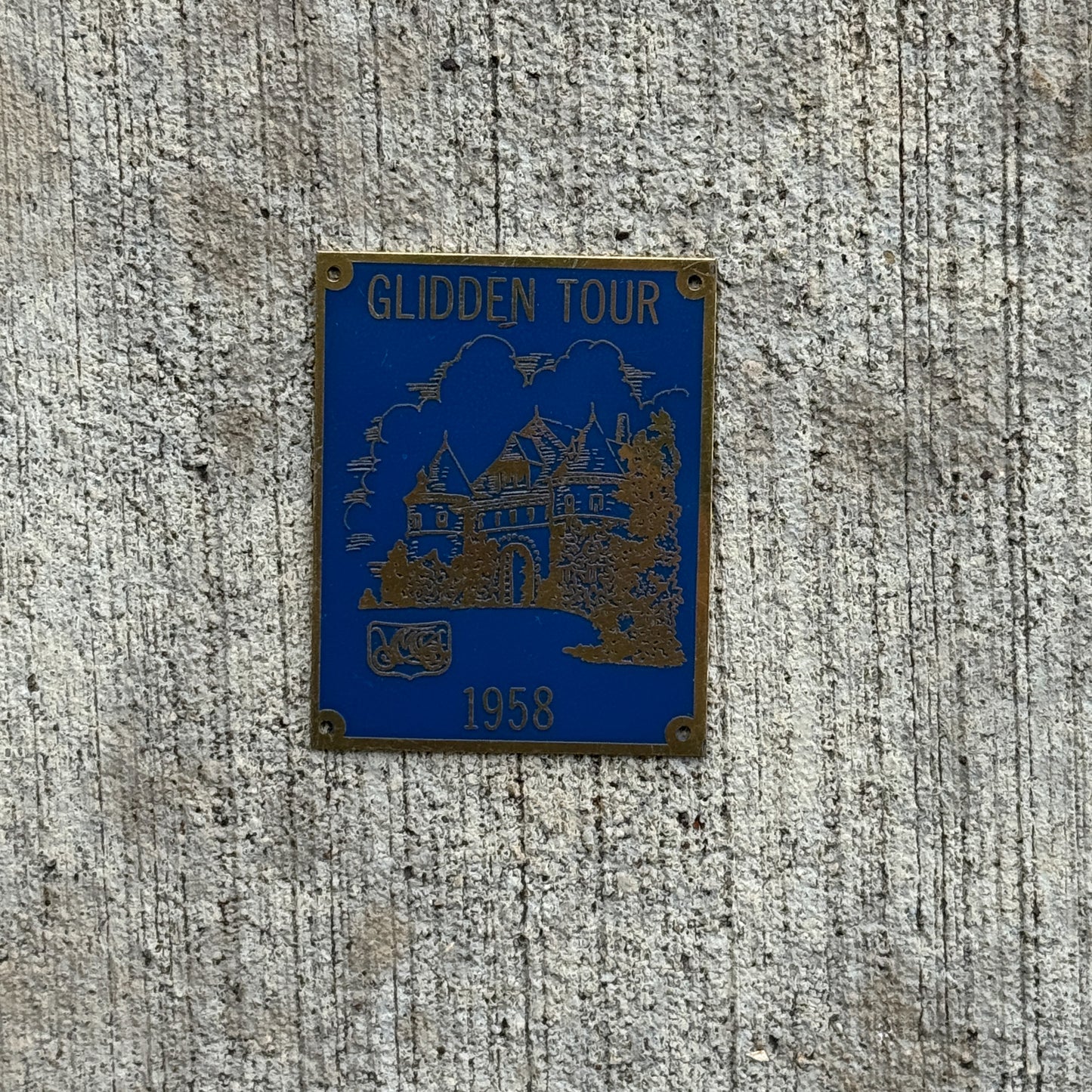 Photo of a 1958 New England Glidden Tour Dash Plaque Auto Tag Garage Decor Vintage AACA with original patina