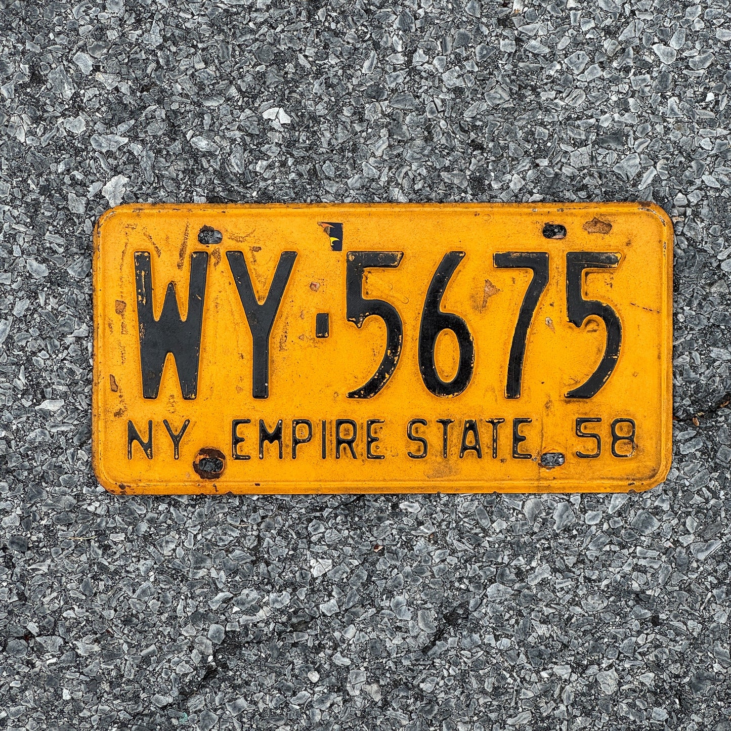 Photo of a 1958 New York License Plate Auto Tag Garage Decor Vintage Wyoming County WY 5675