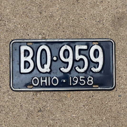 Photo of a 1958 Ohio License Plate Auto Tag Garage Decor Vintage BQ 959 with original patina