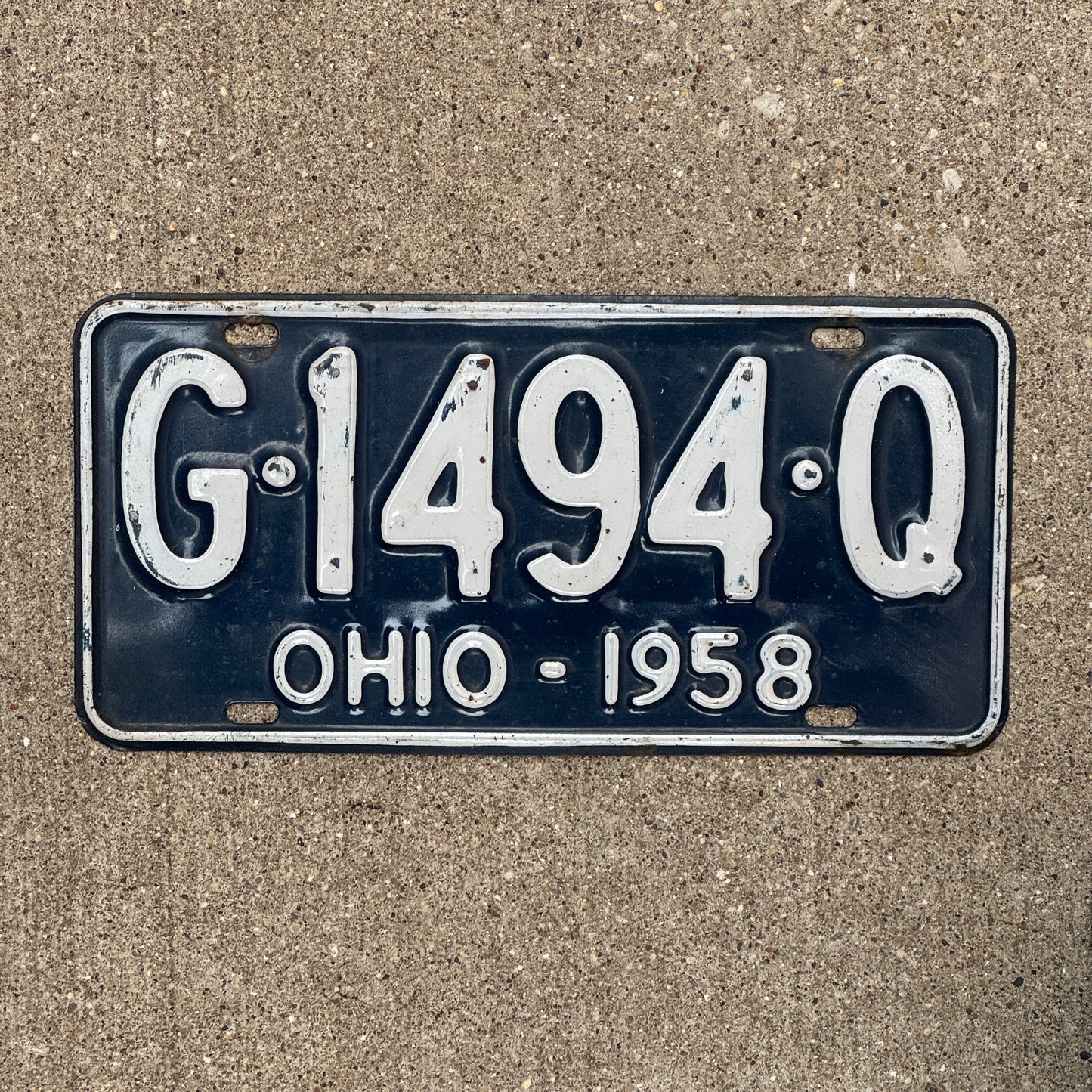 Photo of a 1958 Ohio License Plate Auto Tag Garage Decor Vintage G 1494 Q with original patina