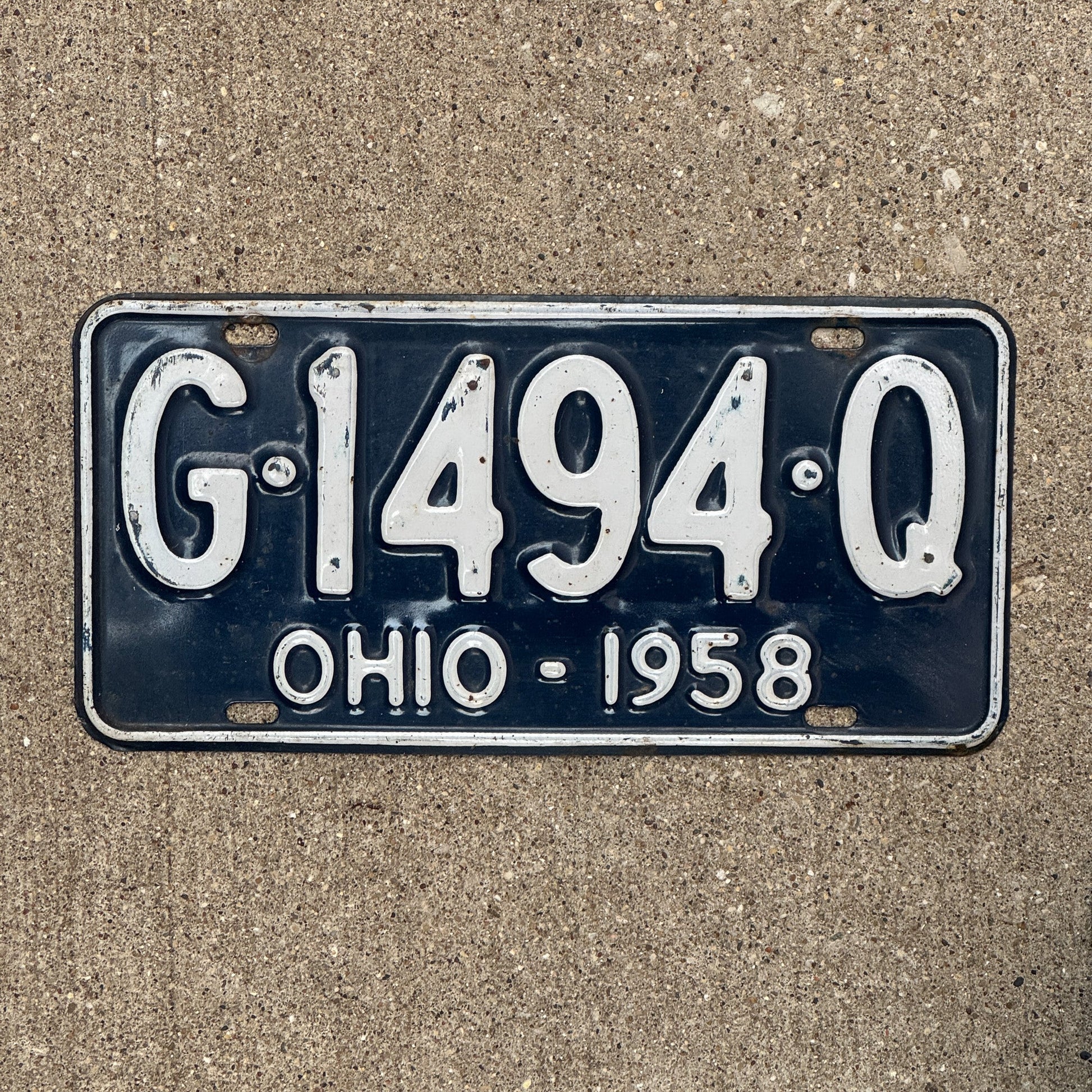 Photo of a 1958 Ohio License Plate Auto Tag Garage Decor Vintage G 1494 Q with original patina