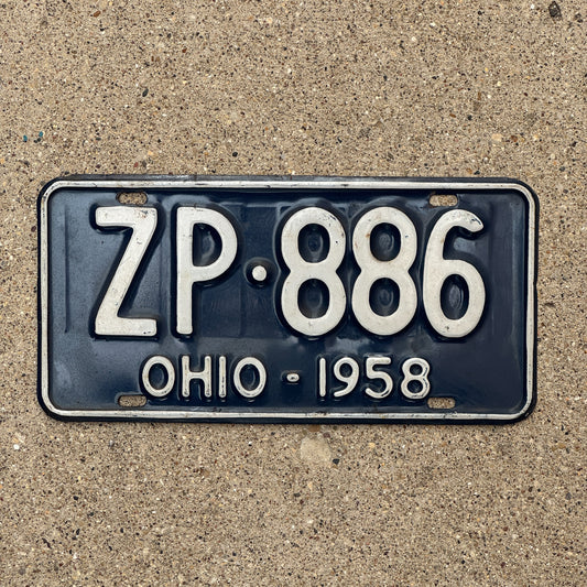 Photo of a 1958 Ohio License Plate Auto Tag Garage Decor Vintage ZP 886 with original patina
